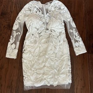 Jovani white lace floral sheer long sleeve short dress